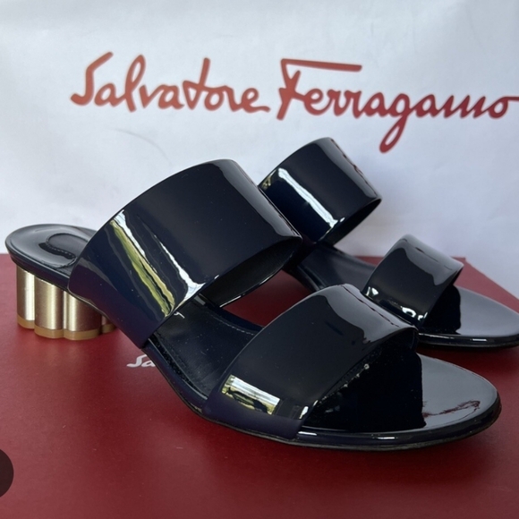 Salvatore Ferragamo Shoes - SALVATORE FERRAGAMO Belluno Patent Two-Band Slide Sandals Flower Heel US 8.5